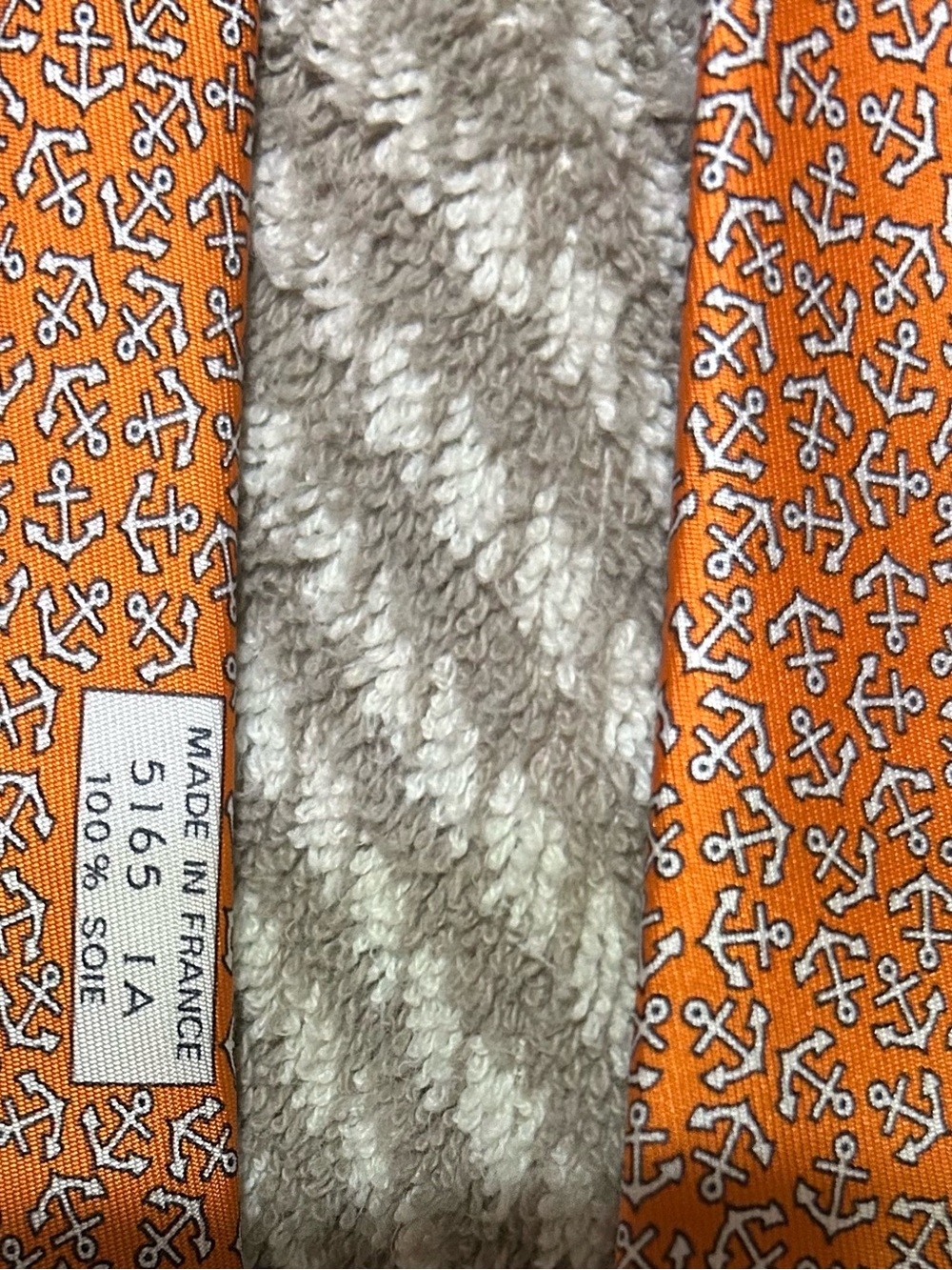 Hermes Orange Silk Tie with White Anchor Motif - Picture 2 of 4
